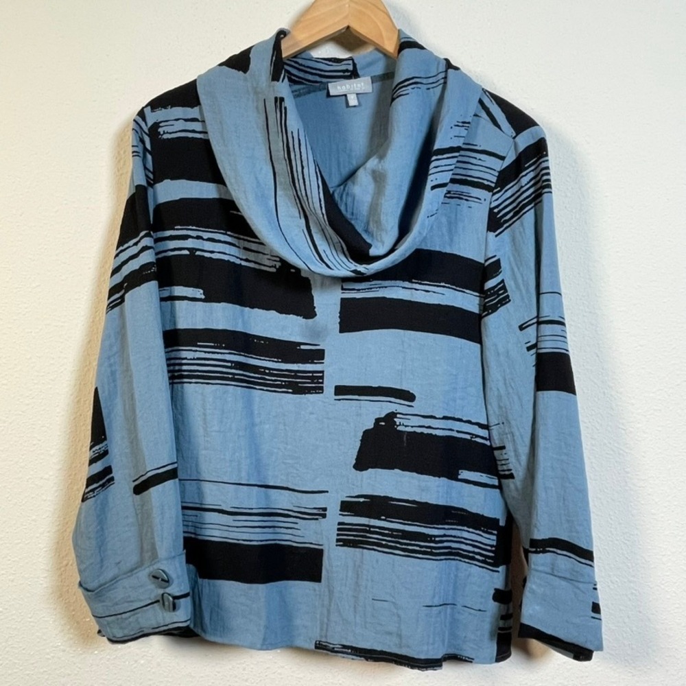 Habitat Cowl Neck Blouse Women M Lagenlook Blue Black Abstract Art to Wear